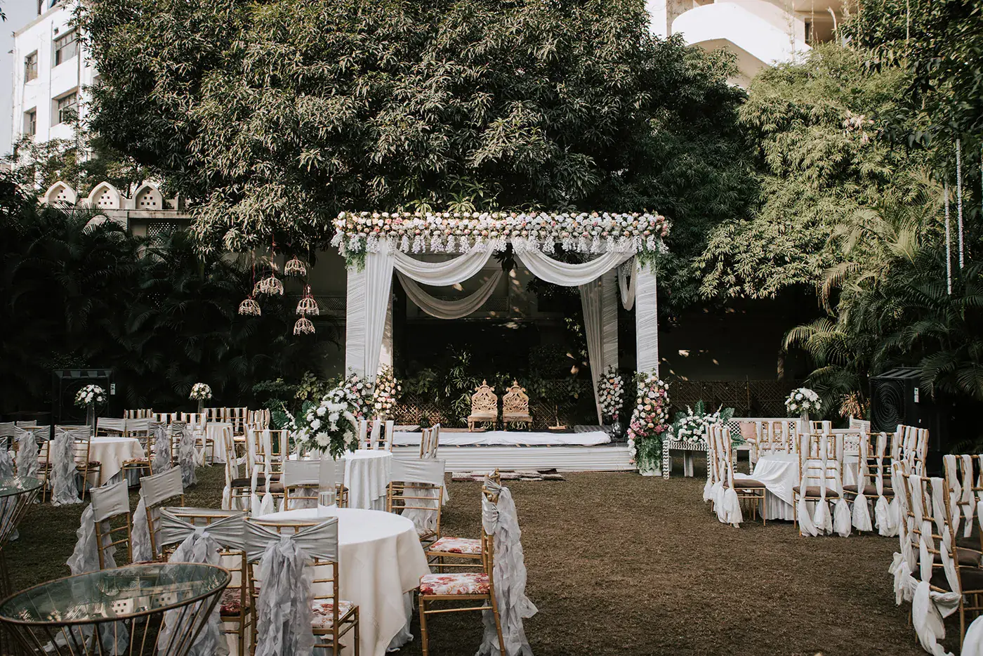 The garden mandap and dressed seating