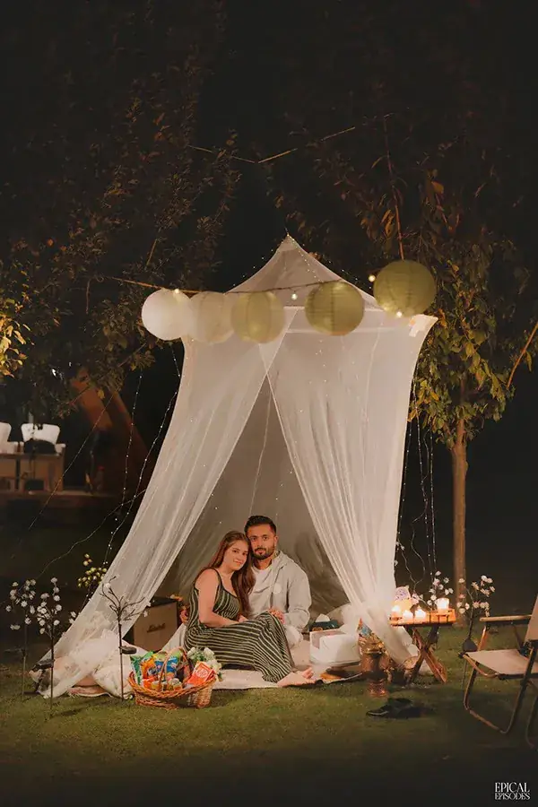 A candlelit canopy set up for the evening